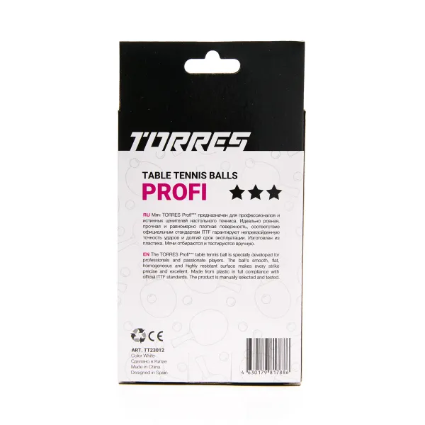 Мяч для наст. тенниса TORRES Profi 3*, TT23012, диам. 40+мм, упак. 6 шт, белый за 338.30 ₽ в Чебоксарах